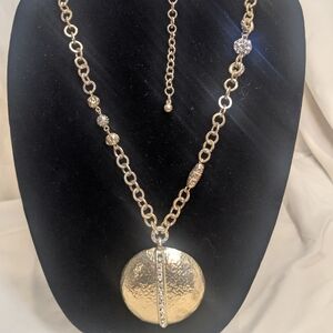 Chico's Textured Gold Medallion And Rhinestone Necklace